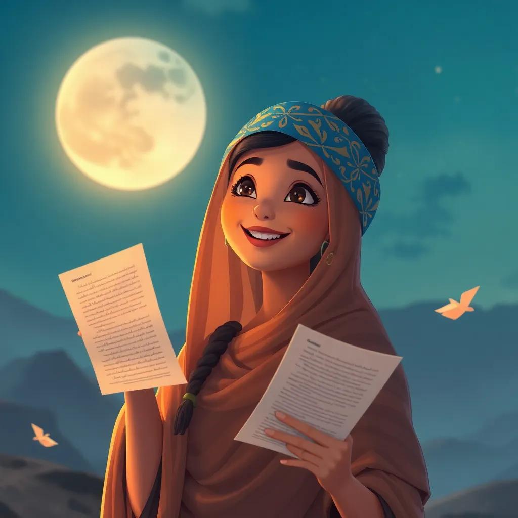 Bashayer under the Omani moonlight, feeling proud with a sense of accomplishment, her translation sheets fluttering in the breeze, digital painting, serene, uplifting colors and details