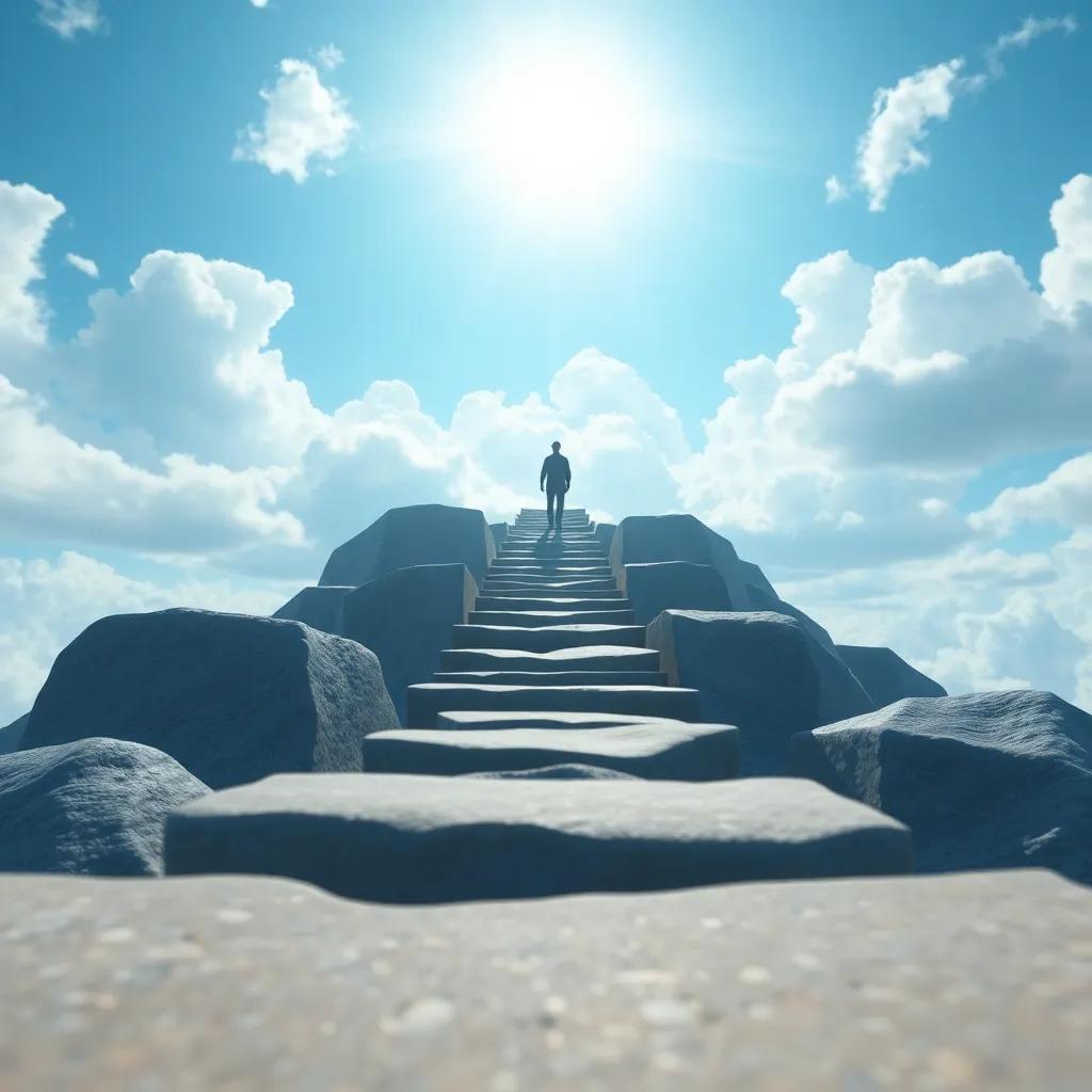 A symbolic image of stepping stones leading up a path with Bashayer’s silhouette at the end, bright skies above, illustrating growth and perseverance, fantasy art, ethereal quality, vibrant perspective