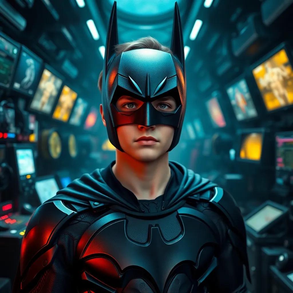 A 17-year-old boy, Danny, wearing a detailed Batman The Dark Knight cosplay, waking up in a high-tech Batcave filled with gadgets and screens, digital art, dynamic lighting, dark but vibrant colors, exciting perspective, high detail