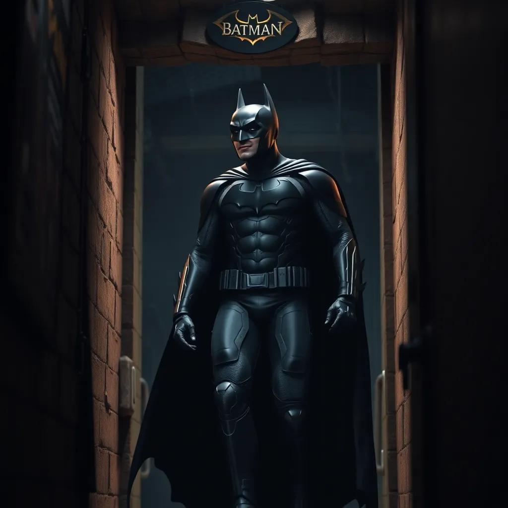 Batman, the real Dark Knight, stepping out of the shadows into the Batcave, looking strong and wise in his iconic black suit, looking at Danny with a supportive smile, digital art, moody lighting, dramatic colors, engaging perspective, high detail