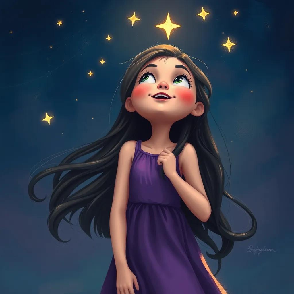 A cheerful girl, Bayan, with long dark hair wearing a purple dress, looking up at the starry sky, with bright stars twinkling above her, night setting, whimsical, digital art, high quality