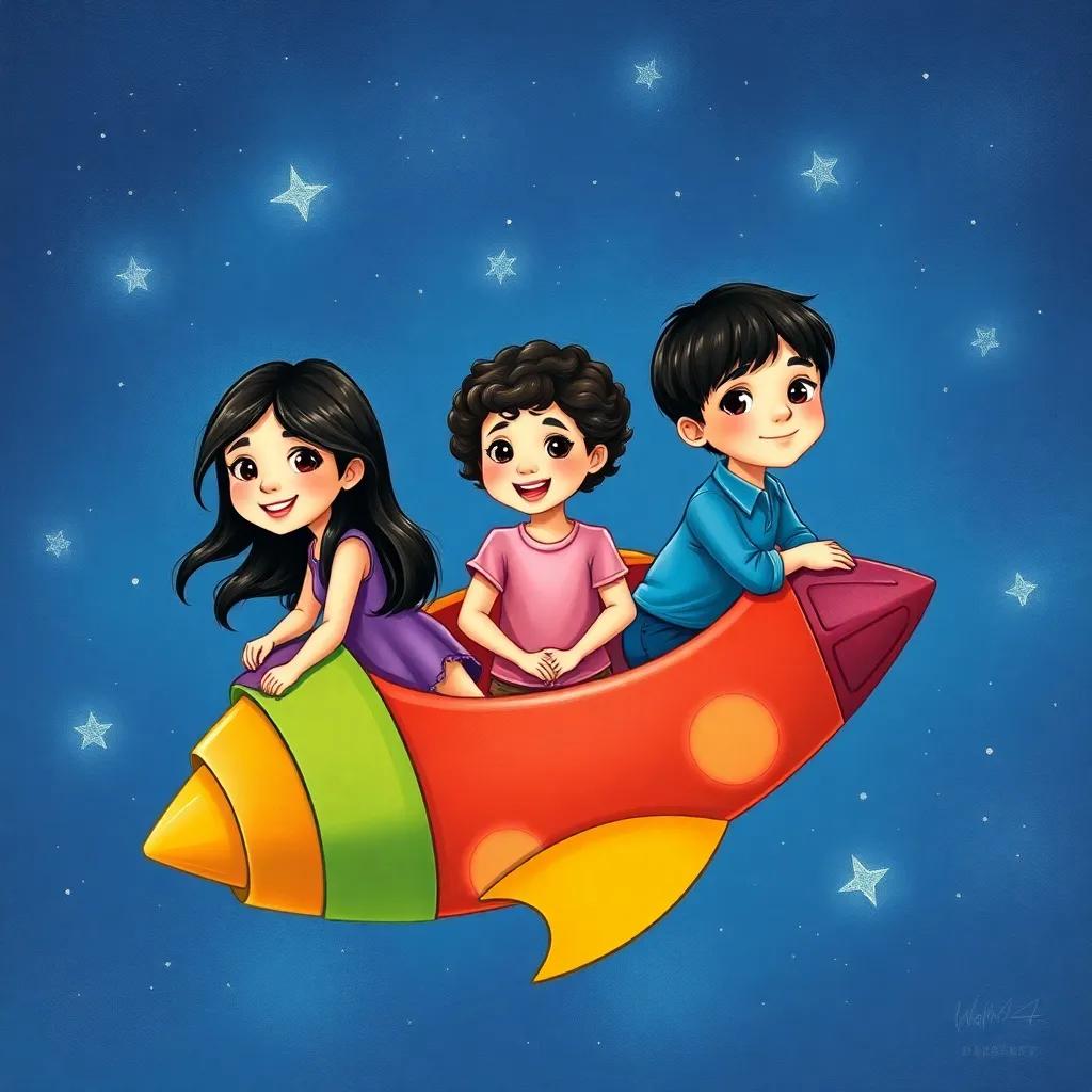 Three children, Bayan with long dark hair in a purple dress, Elham with short curly hair in a pink t-shirt, and Husam with straight black hair in a blue shirt, sitting in a colorful rocket ship, zooming through a starry sky, adventure setting, fun and playful, illustration, high quality