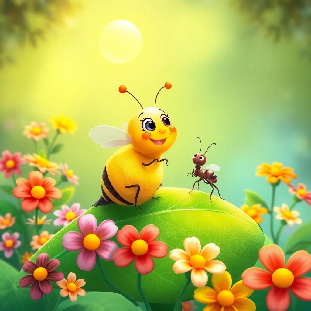 Bea the bee, joyfully talking to Max the ant, who is small and brown, on a green leaf surrounded by vibrant flowers, bright sun above, detailed illustration, light and whimsical, inviting scene, child's perspective, high quality