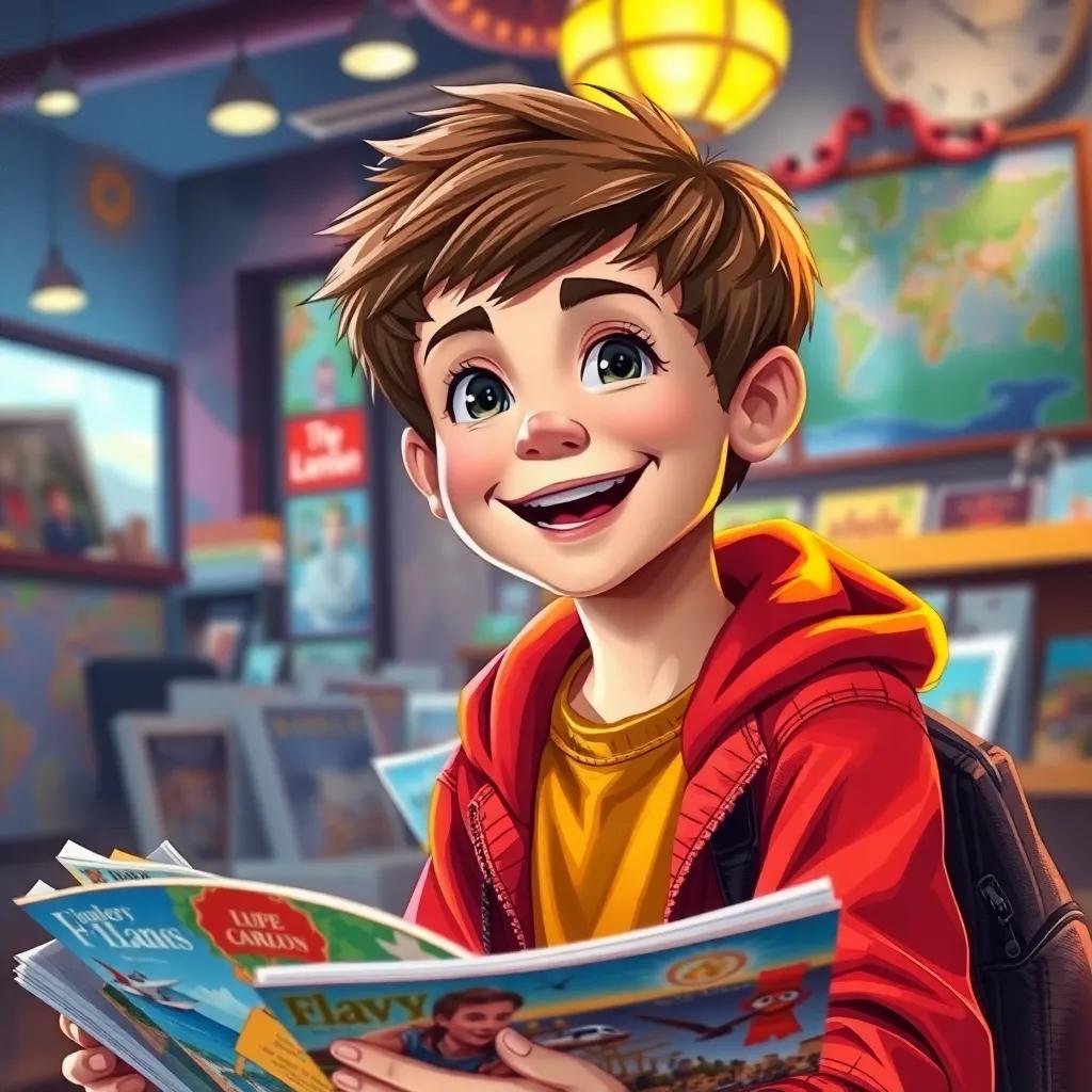 A cheerful American boy, Beau, with short brown hair and bright clothing, sitting with excitement at a travel agency, surrounded by travel brochures, colorful atmosphere, warm light, child-friendly, digital art, detailed