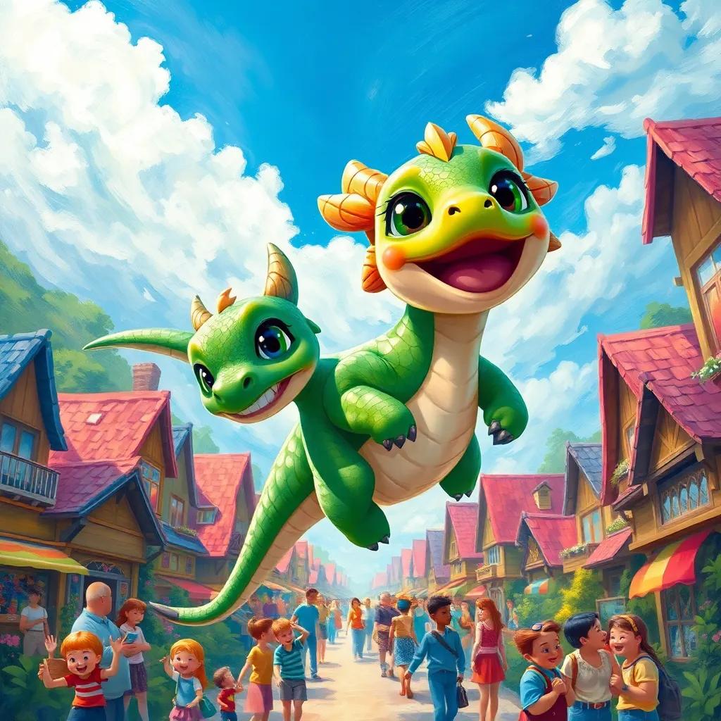 A small dragon, Max, with shiny green scales, flying happily alongside Bella in a vibrant village filled with happy people, sunny day with blue sky, illustration, cheerful, adventure-themed, child-friendly