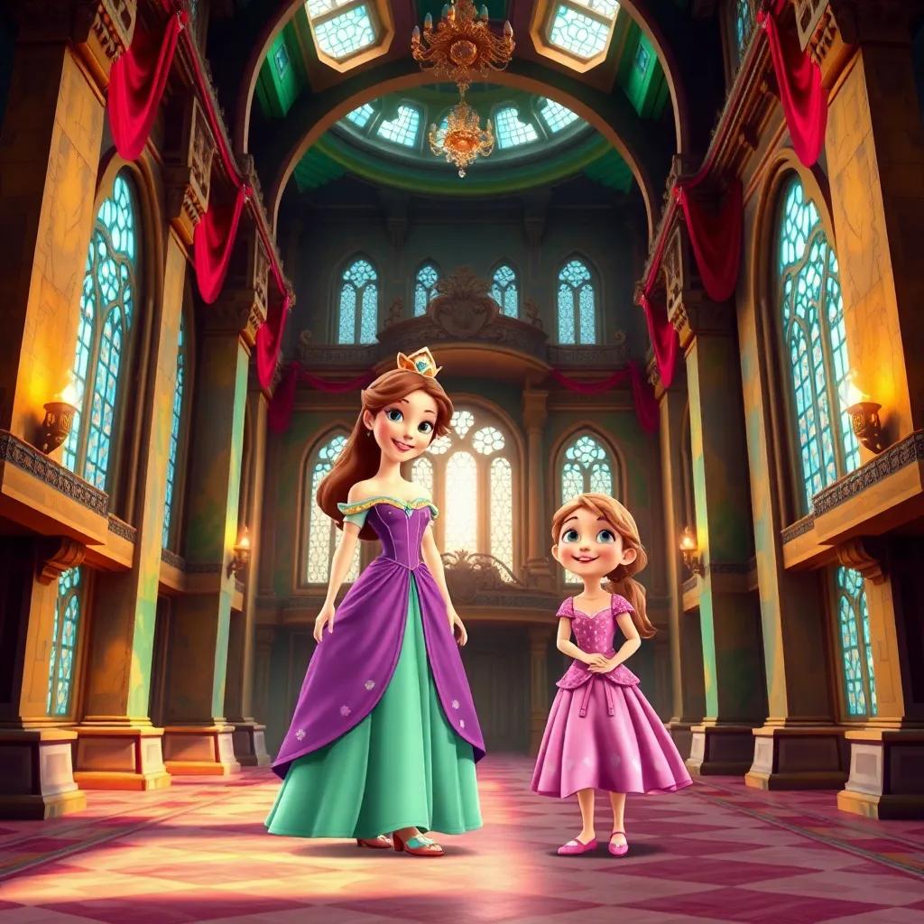 A grand castle interior with two sisters, a young princess with a flowing gown and a younger girl with a simple dress, colorful and cheerful, vibrant colors, whimsical atmosphere, digital art, high quality