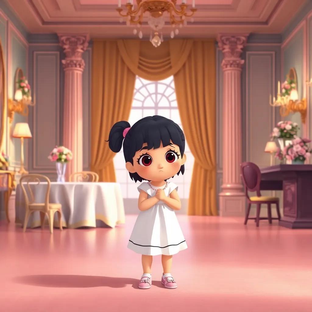 A sad girl standing alone in a beautifully decorated room with flowers and a banquet table, looking disappointed, soft lighting, pastel colors, heartfelt emotion, illustration, child-friendly