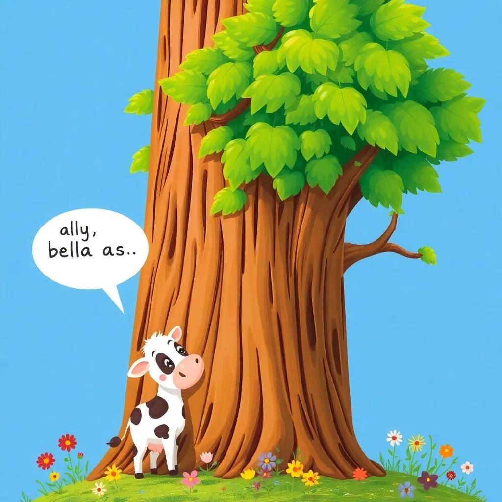 A tall tree with lush green leaves, Bella the cow asking the tree for directions, tree rustling its leaves, colorful flowers, bright blue sky, whimsical