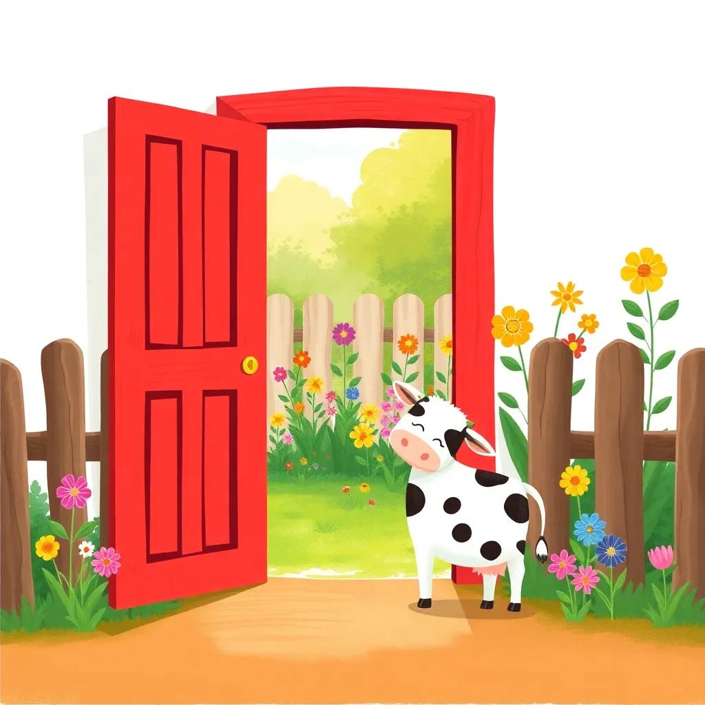 A bright red door near a fence, opening to a beautiful garden filled with colorful flowers, Bella the cow standing curiously at the door, cheerful, inviting atmosphere