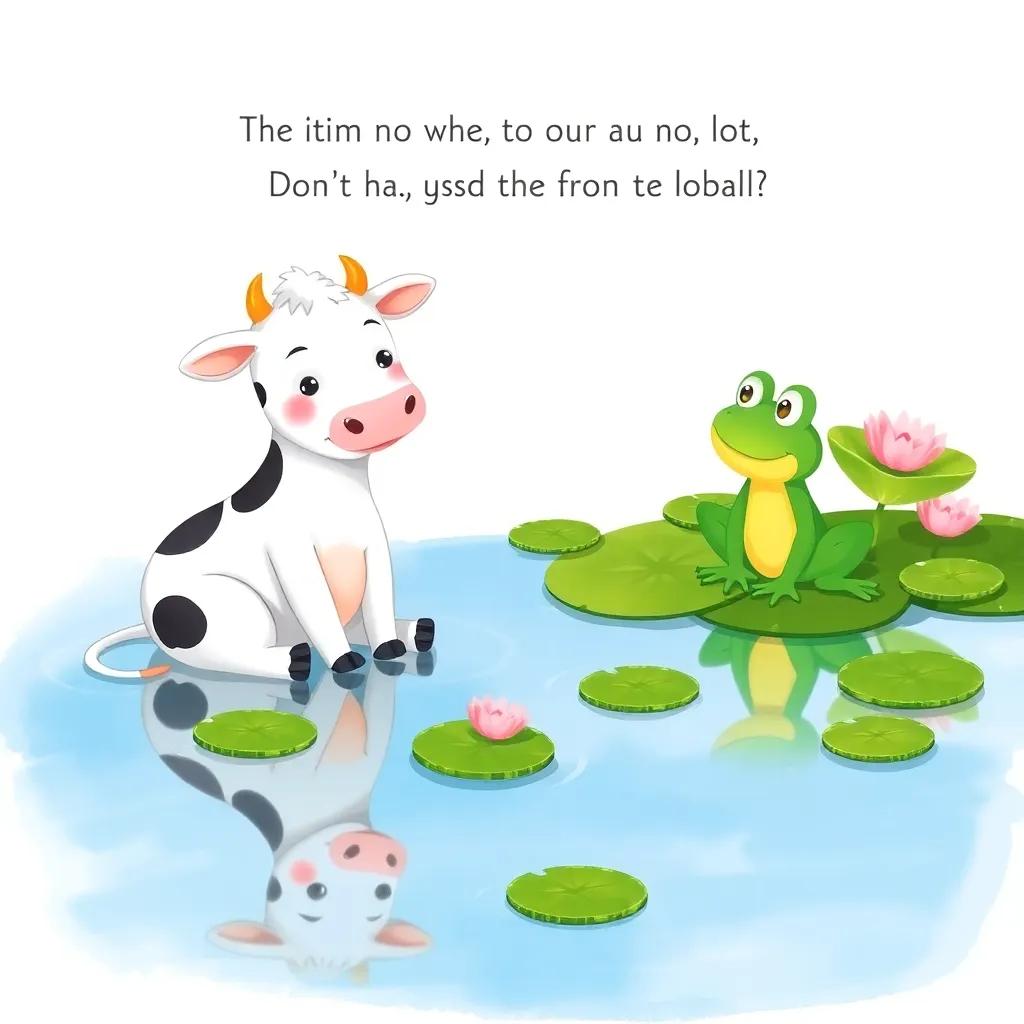 A calm pond with a friendly frog, Bella the cow sitting by the water, asking the frog for help, lily pads, reflection, peaceful scene, colorful