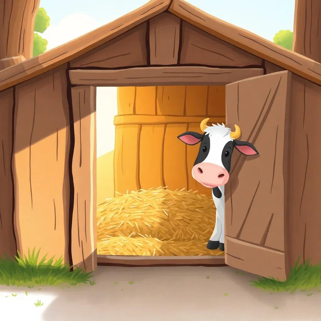 A cozy shed with a door opening to hay inside, Bella the cow looking inside with curiosity, warm sunlight streaming, inviting, cheerful setting