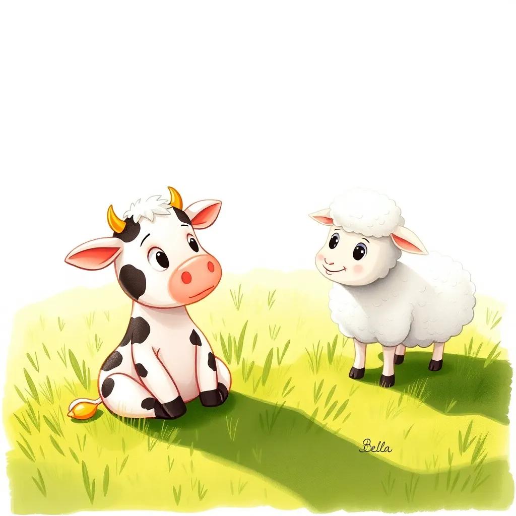 Bella the cow sitting on the grass, looking worried, Lila the sheep with fluffy white wool approaching her, friendly expression, warm sunlight