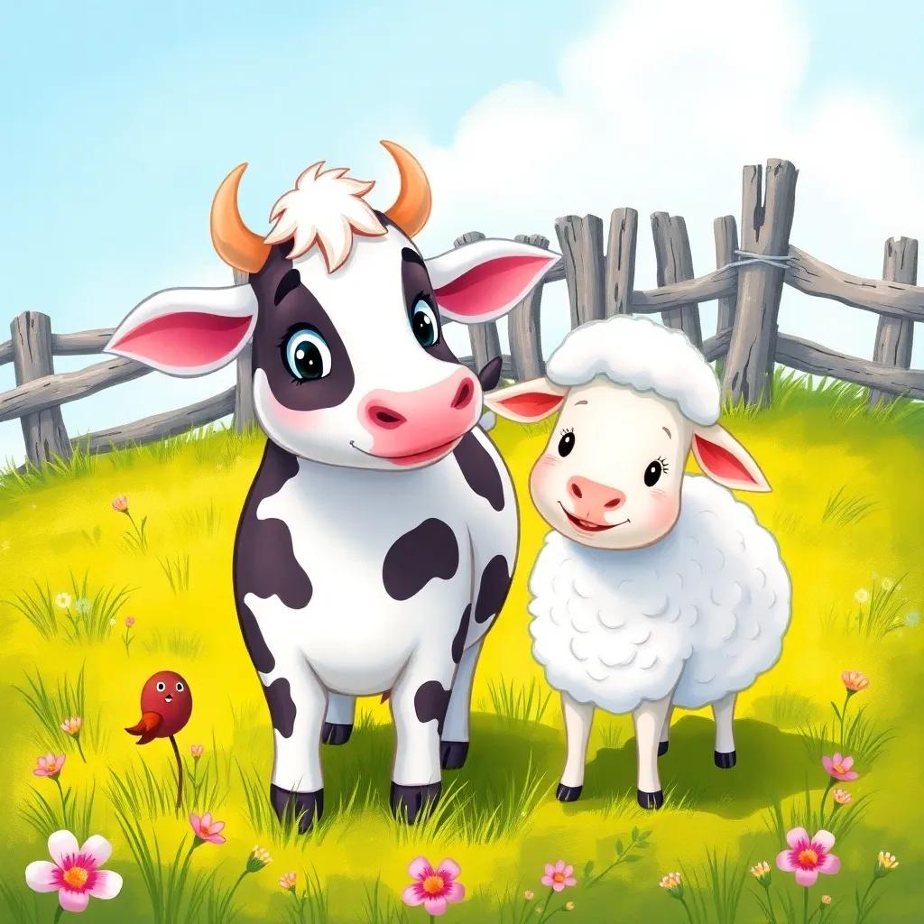Bella the cow and Lila the sheep standing together in the meadow, Bella looking hopeful, the old fence in the background, vibrant, friendly