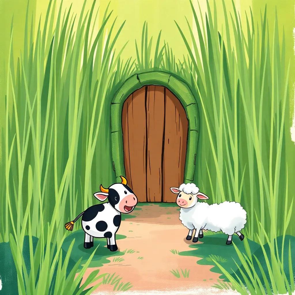 A hidden door behind tall grass, Bella the cow and Lila the sheep approaching it, feeling excited, vibrant colors, anticipation, serene atmosphere