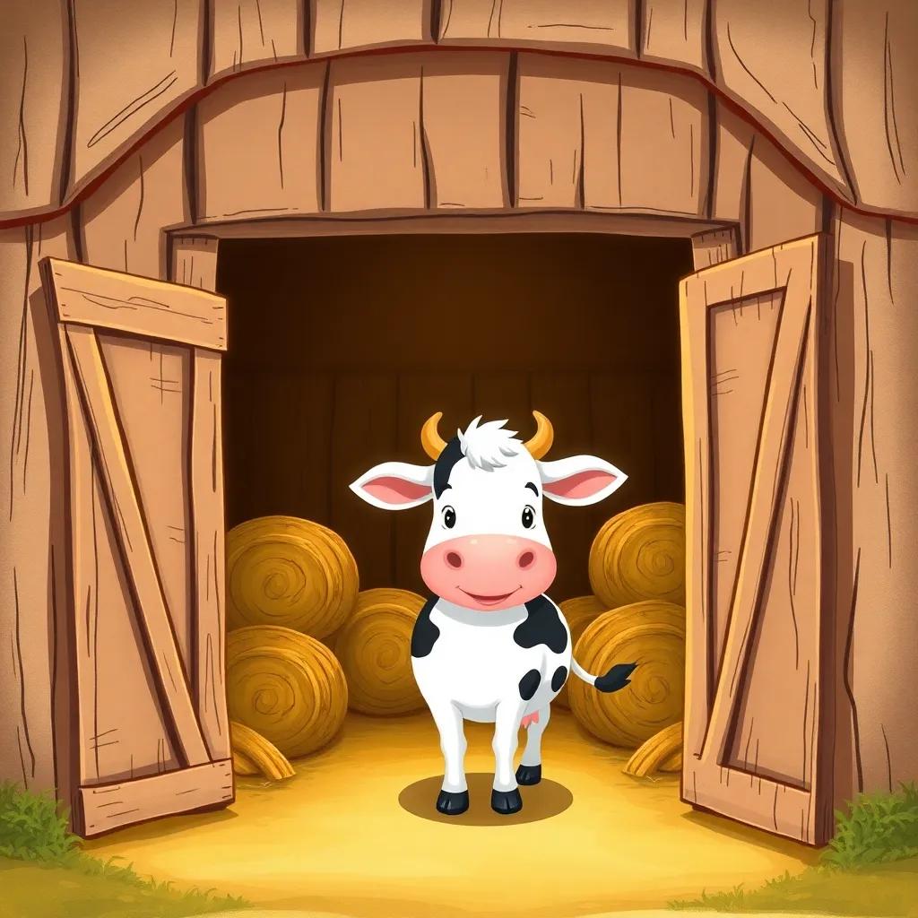 A cozy barn with hay bales inside, Bella the cow opening the barn door, sunlight pouring in, warm and welcoming vibe, cheerful