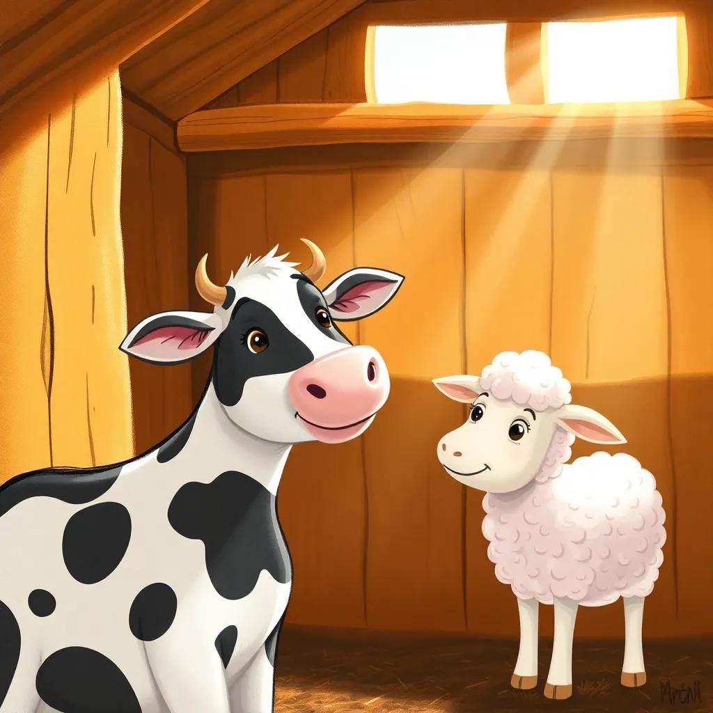 Bella the cow and Lila the sheep inside the barn, looking happy together, sunlight shining through, warm and joyful atmosphere