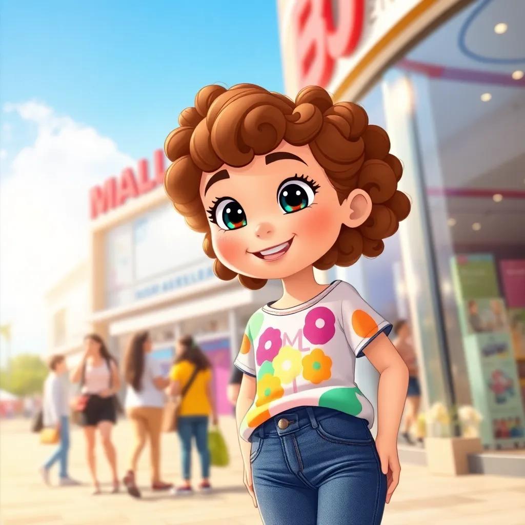 A young girl, Bella, with curly brown hair, wearing a colorful t-shirt and jeans, standing outside a shiny mall, looking excited with her friends, bright sunny day, cheerful atmosphere, illustration, vibrant colors, inviting scene