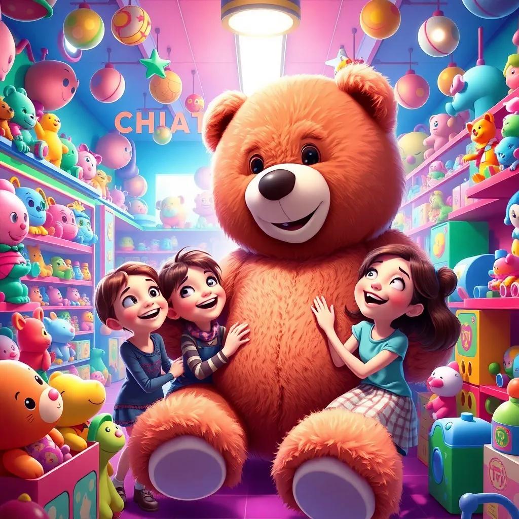 A vibrant toy store filled with colorful toys, young girls, Bella and her friends, playing with a giant teddy bear, laughter and joy on their faces, bright lights, cheerful atmosphere, fun and adventurous, digital painting