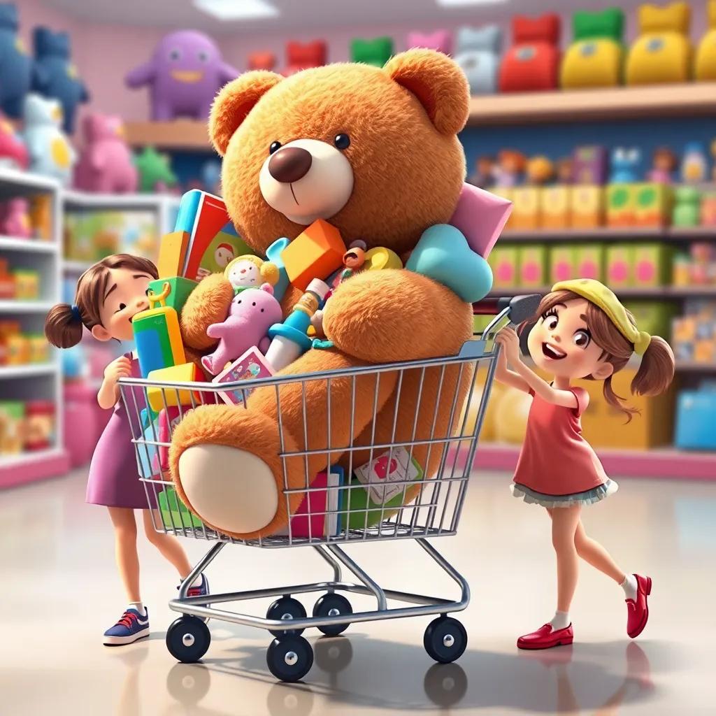 A shopping cart overflowing with toys and a massive teddy bear, young girls trying to lift it, one laughing and another pushing, bright and colorful store background, whimsical, digital art, cheerful