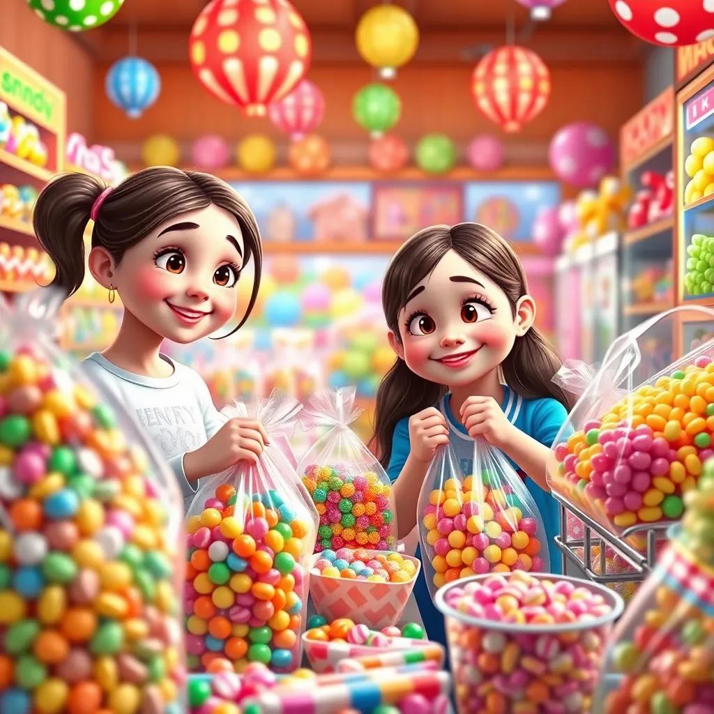 A candy store with colorful candies, young girls filling their bags with bright sweets, happy expressions, fun atmosphere, bright lights, whimsical style, colorful