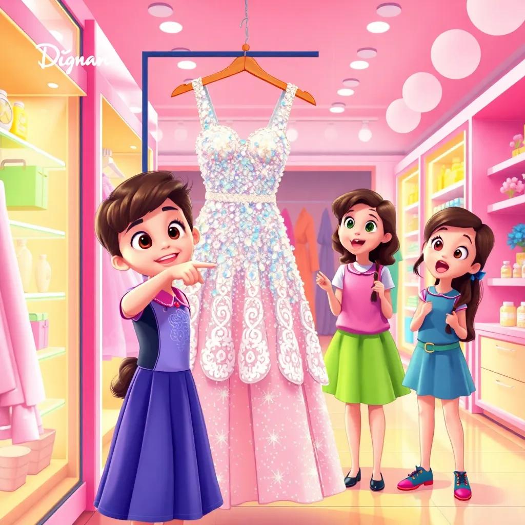 A sparkling dress displayed in a store, young girl Bella pointing excitedly, her friends around her with surprised expressions, bright and cheerful store interior, colorful, vivid illustration