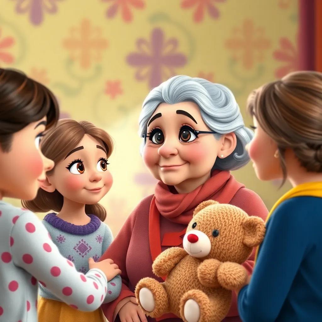 A wise older lady talking to young girls, gentle expression, colorful background, Bella looking thoughtful with a teddy bear in her arms, warm and inviting atmosphere, digital art