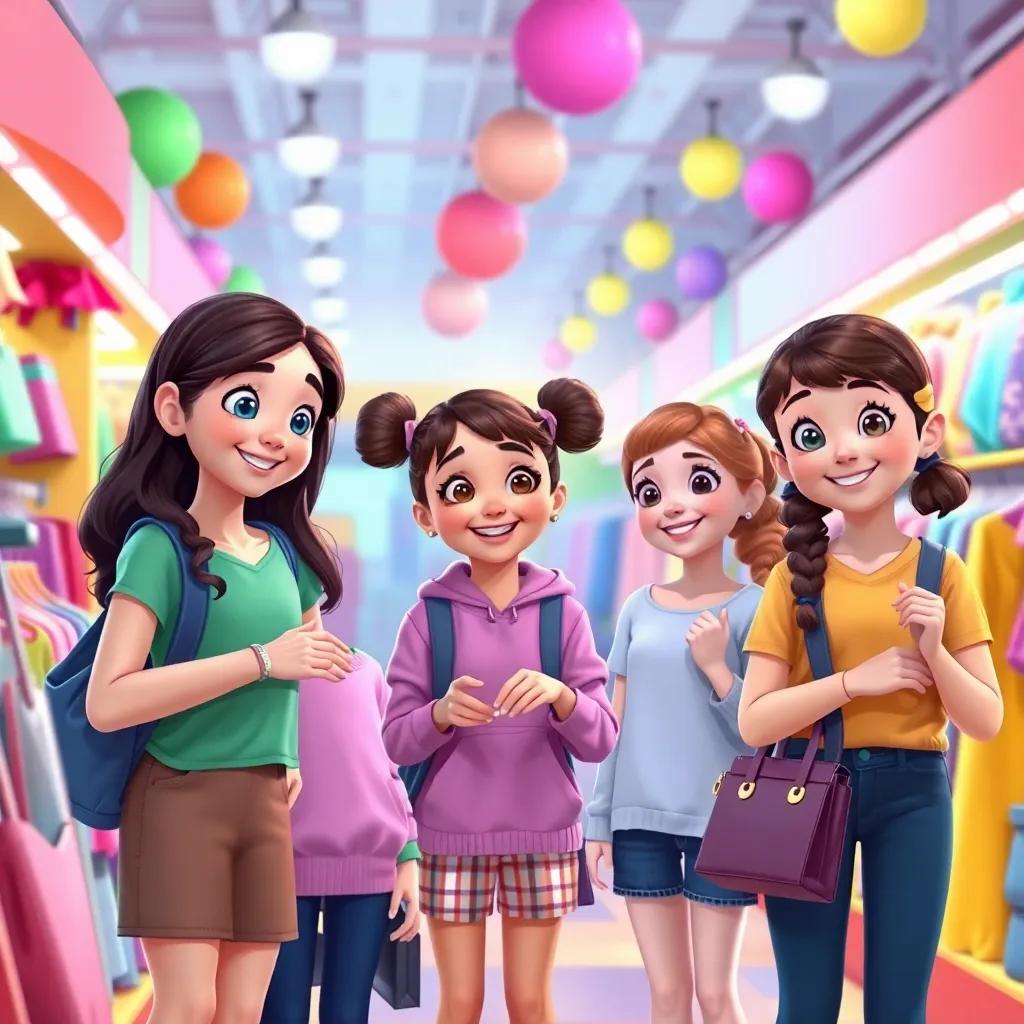 Young girls choosing their favorite items, Bella and her friends smiling, colorful shopping environment, bright lights, playful atmosphere, cheerful illustration