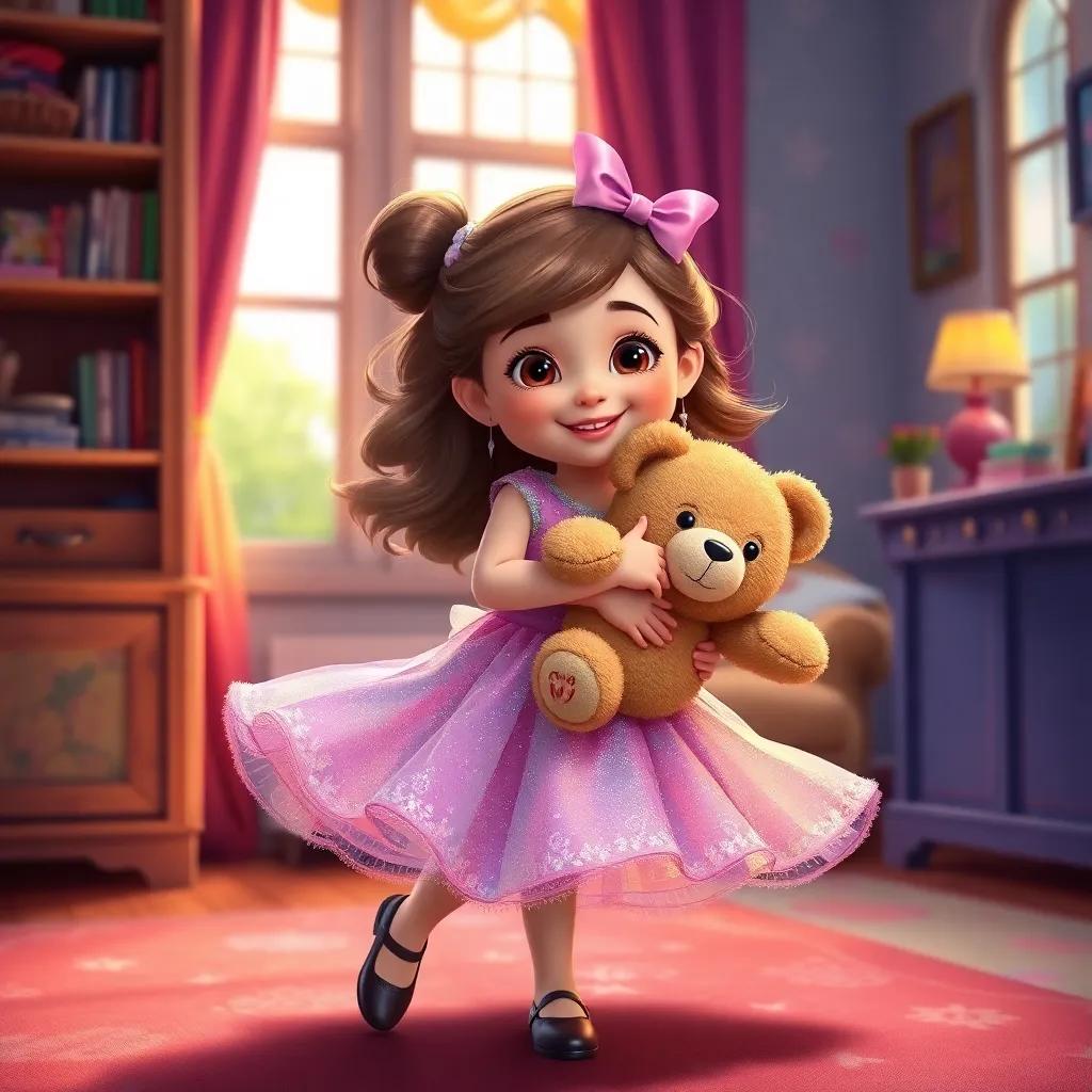 Young girl Bella hugging her teddy bear, twirling in a sparkling dress, her room filled with warmth and happiness, colorful interior, joyful expression, digital painting