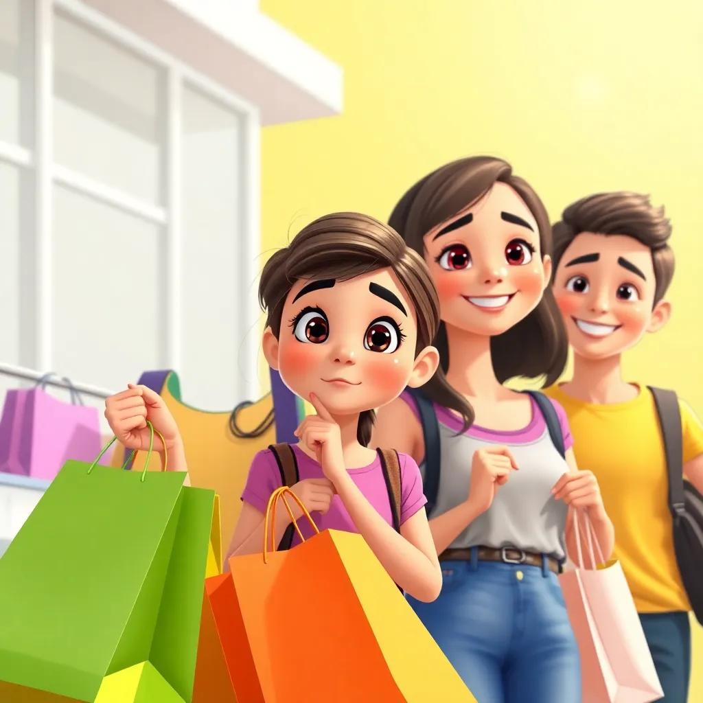 Young girl Bella shopping wisely with a thoughtful look, her friends smiling beside her, colorful bags in hand, bright sunny background, cheerful and uplifting, vibrant design