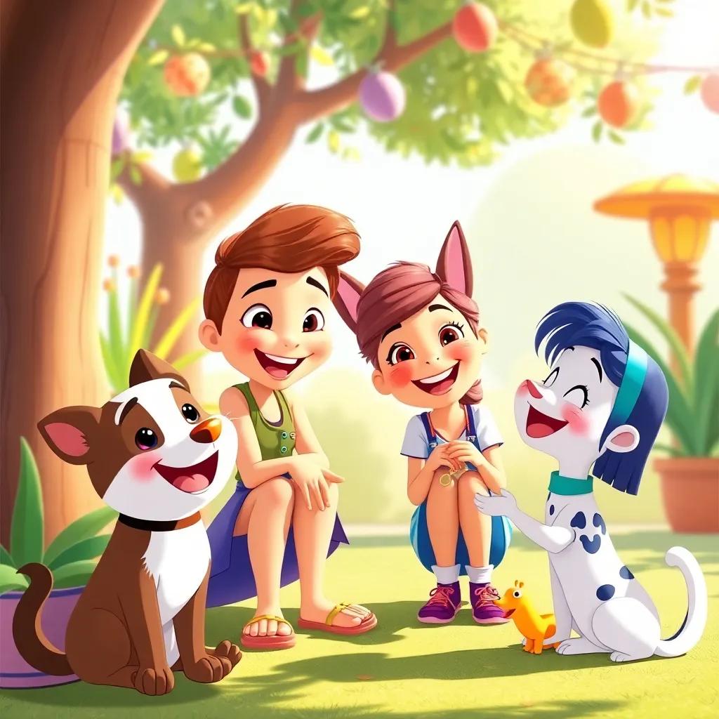 A happy scene of Bella and her friends enjoying time together, bright colorful surroundings, laughter and joy, illustration, warm and inviting feel