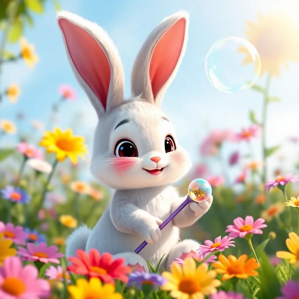 Bella the bunny, a small and fluffy bunny with big ears and a cheerful smile, discovering a shiny bubble wand in a sunny garden, colorful flowers around, digital art, vibrant colors, playful atmosphere, high quality