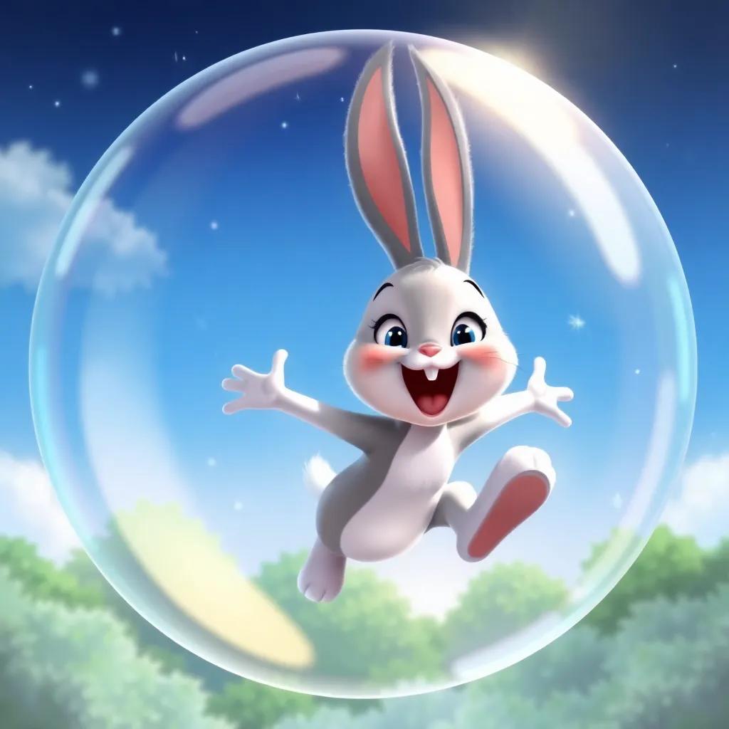 Bella the bunny, excited and joyful, hopping into a bright bubble with a sparkling sky and green forest below, whimsical scene, detailed, cheerful adventure, high quality