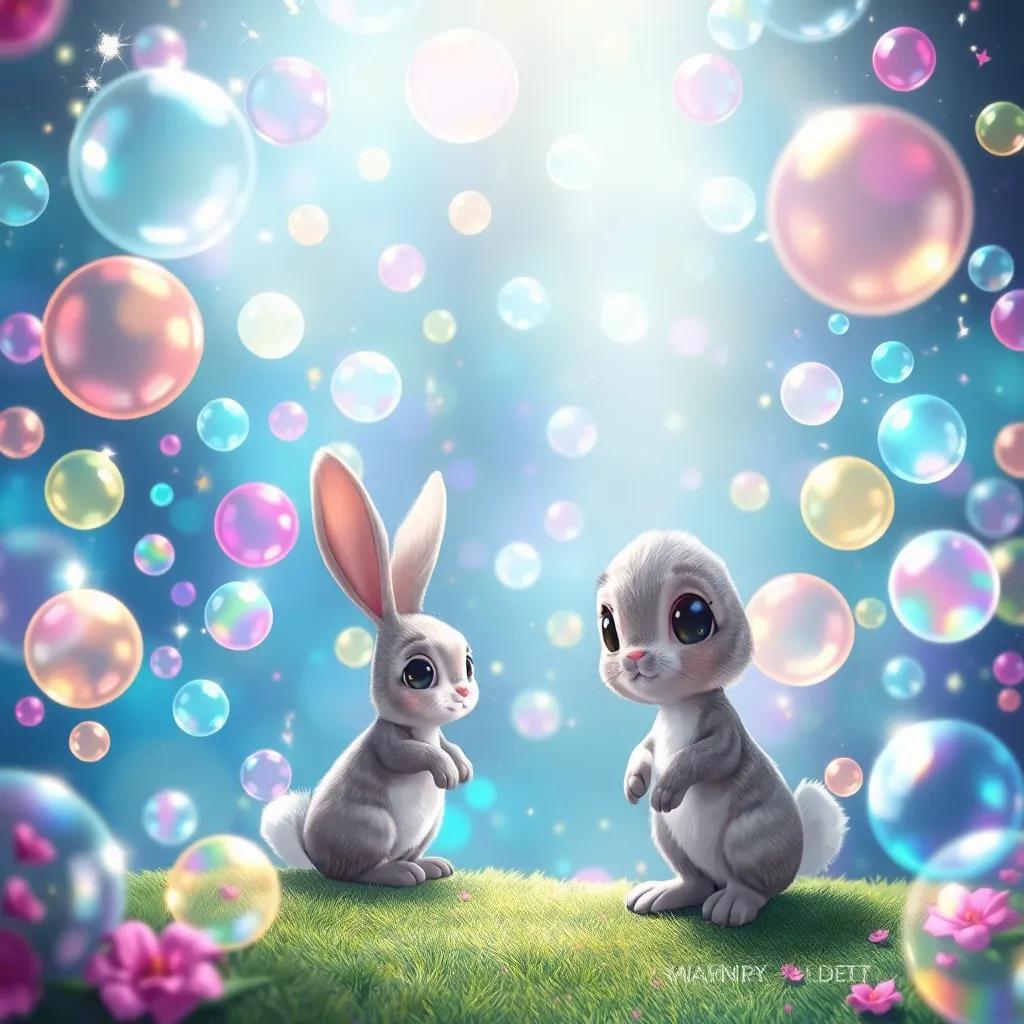 A magical bubble kingdom with colorful bubbles floating everywhere, twinkling lights and rainbow colors, Bella the bunny exploring curiously, enchanting atmosphere, digital art, whimsical children's art, high quality