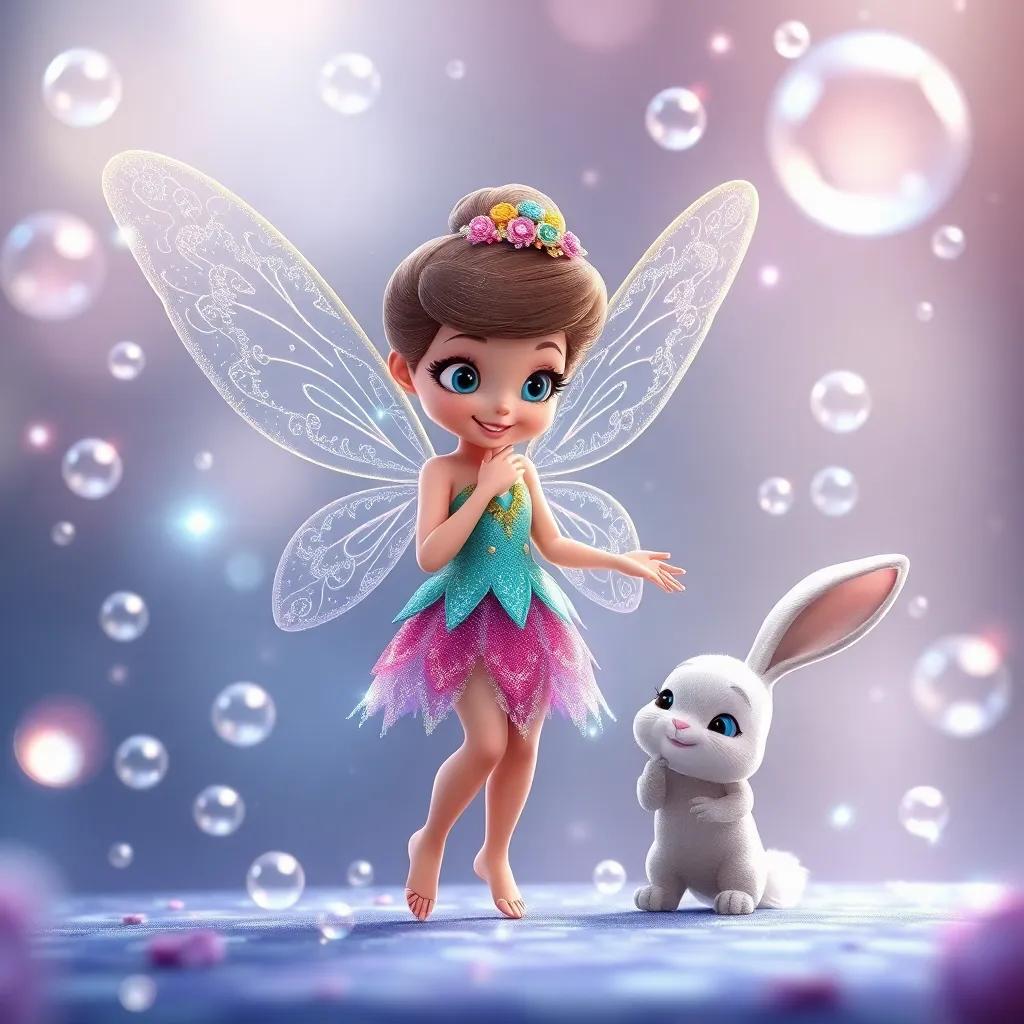 Lila the bubble fairy, a tiny fairy with glittering wings, colorful dress, welcoming Bella the bunny to the bubble dance, surrounded by sparkling bubbles, magical ambiance, soft light, high quality