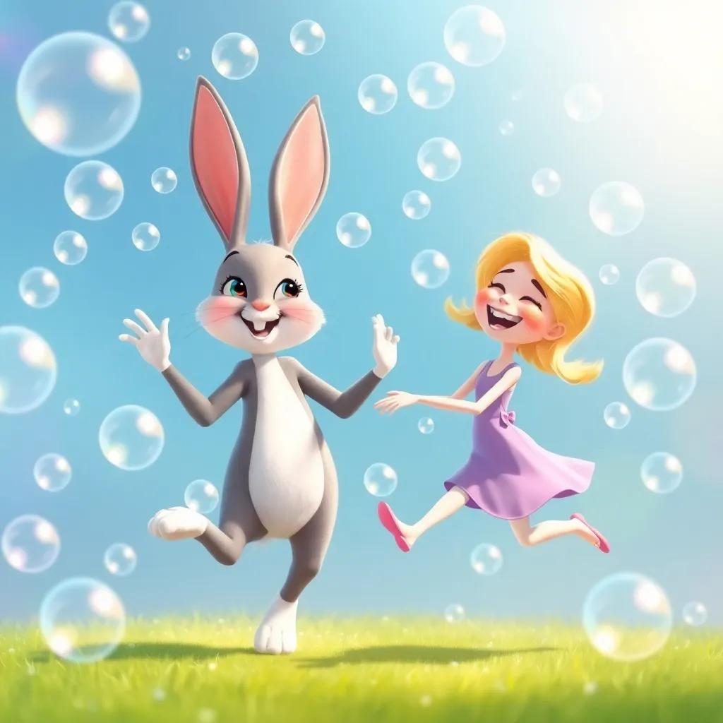 Bella the bunny and Lila dancing happily among floating bubbles, twirling in the air with laughter, celebratory scene, bright colors, joyful atmosphere, high quality