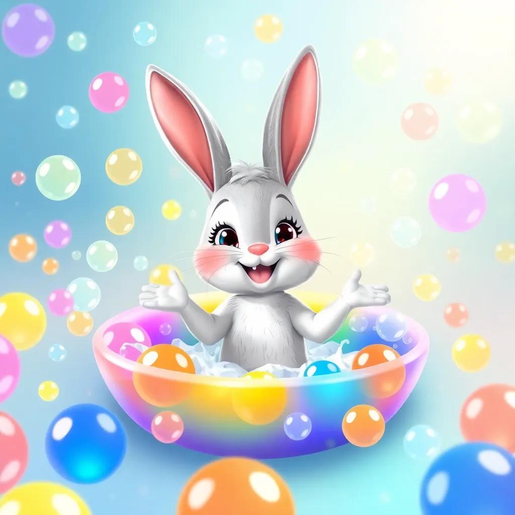 Bella the bunny splashing in a bubble pool filled with rainbow colors, bubbles around her making a joyful scene, lighthearted and fun, child-friendly, high quality