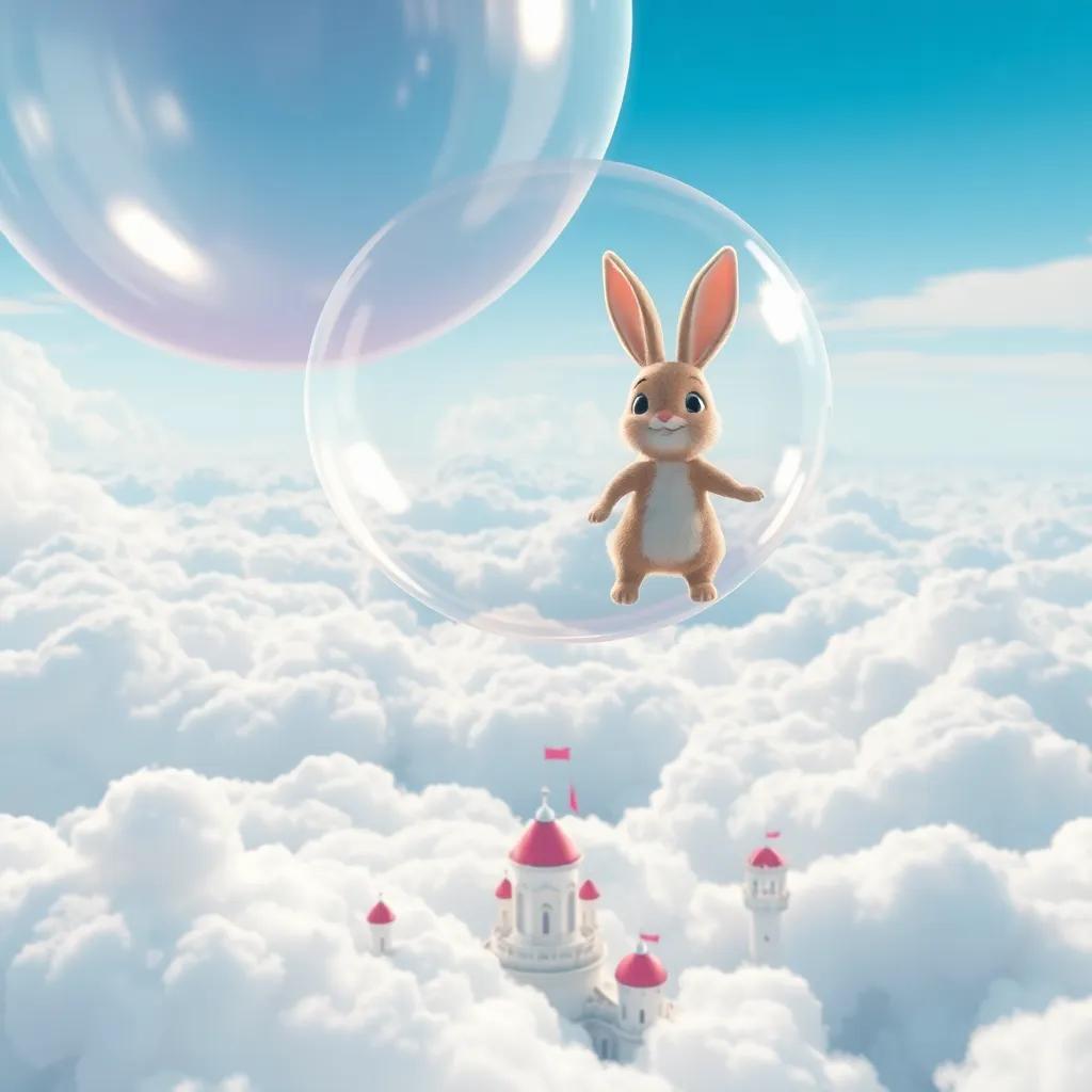 A giant bubble lifting Bella the bunny higher in the sky, over fluffy cloud islands and bubble castles below, adventurous and bright, dynamic angle, high quality