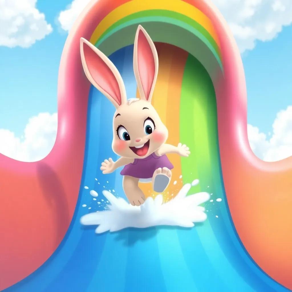Bella the bunny racing down a giant rainbow slide with excitement, splashing into a soft cloud at the bottom, fun and colorful, joyful moment, high quality