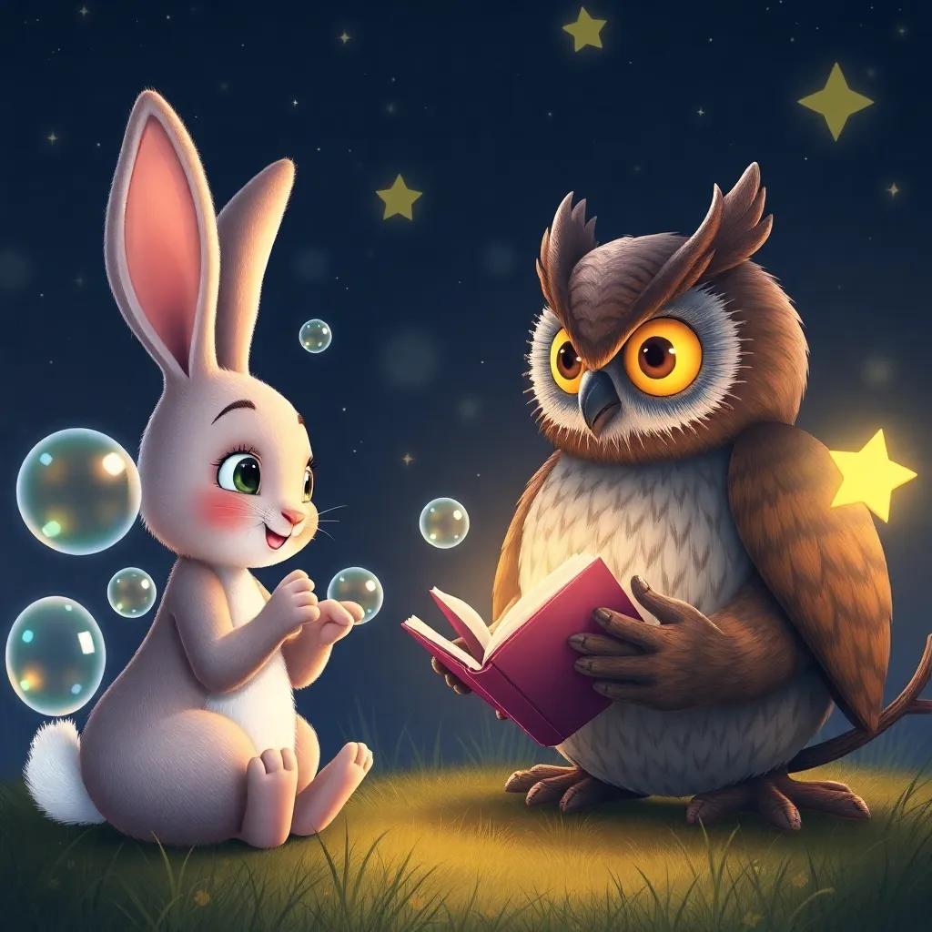 Bella the bunny with bubble friends and a wise old owl telling stories under the stars, magical night atmosphere with sparkles, cozy and heartwarming, high quality