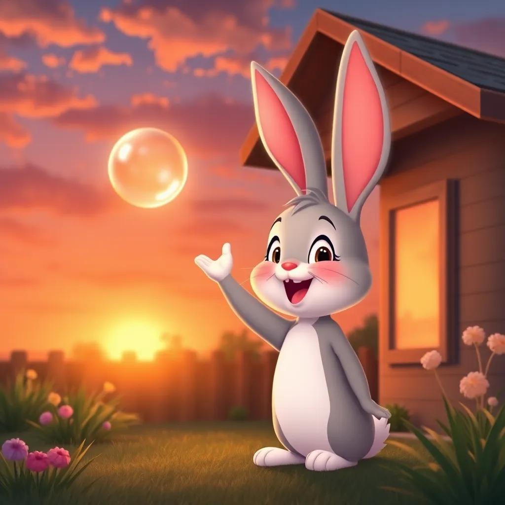 Bella the bunny waving goodbye from her backyard with a glowing bubble in the sunset sky, happy and content, warm colors, nostalgic scene, high quality