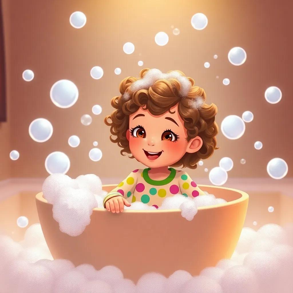 A young girl, Bella, with curly brown hair, wearing colorful pajamas, excitedly sitting in a bubble bath filled with soap bubbles, warm lighting, cheerful atmosphere, child-friendly illustration, high quality