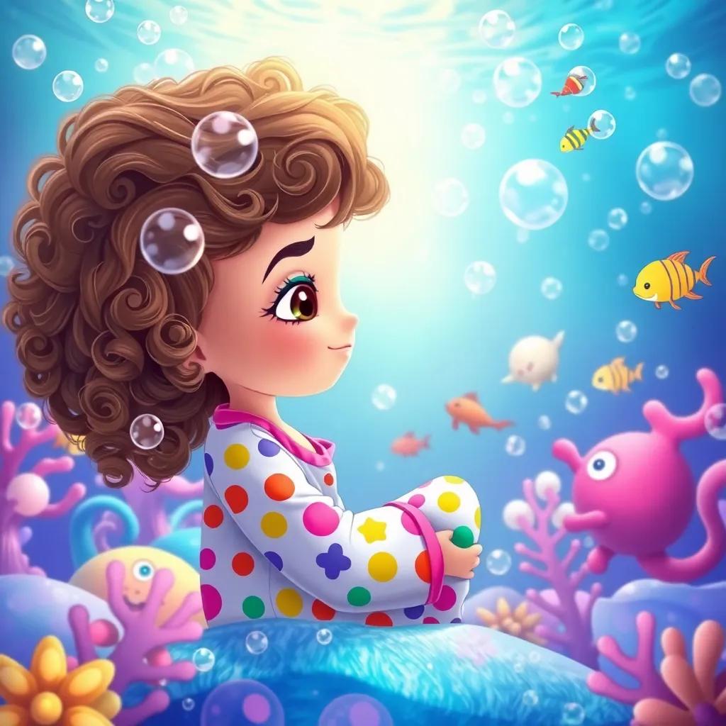 Bella, a young girl with curly brown hair in colorful pajamas, imagining a vast ocean filled with magical bubbles, vibrant colors, wonderful sea creatures swimming around her, playful, fantasy scene, joyful