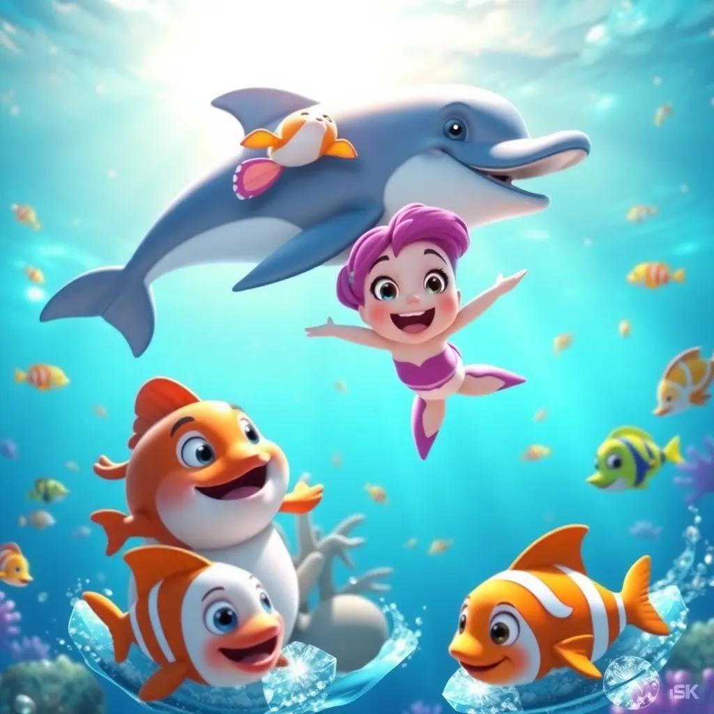 A lively dolphin, Daisy, leaping joyfully beside Bella in the ocean, bright sunlight sparkling on the water, surrounded by colorful fish and friendly sea creatures, cheerful and energetic mood, digital art