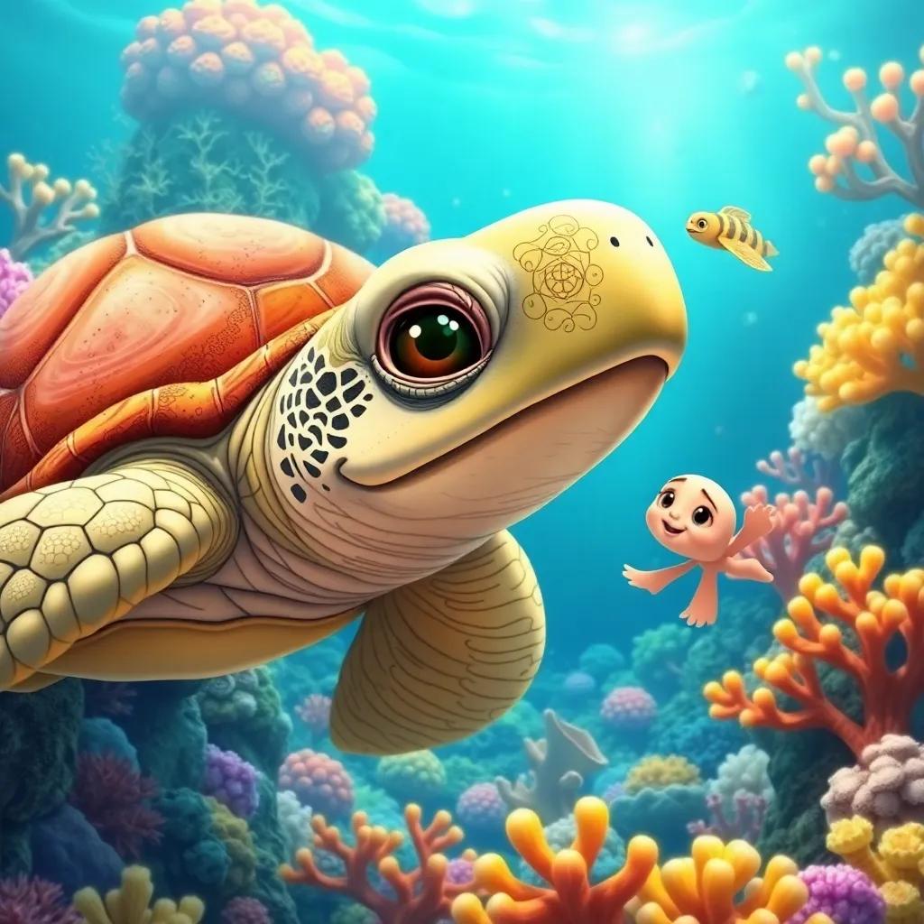 An old turtle, Timmy, with wise eyes, exploring a beautiful coral reef with Bella, vibrant sea colors and magical corals all around, light and friendly atmosphere, highly detailed, children's illustration