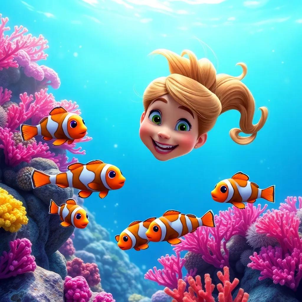 Bella chasing tiny clownfish around the reef, with a huge smile on her face, colorful coral whirling around them, playful and bright underwater scene, captivating imagery, high quality