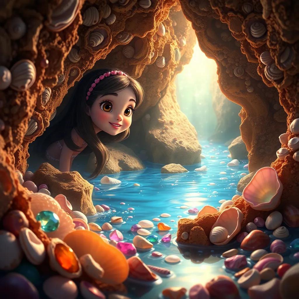 Bella discovering a hidden treasure cave filled with seashells and jewels, sparkles reflecting in the water, amazed by the beauty, rich colors, magical atmosphere, detailed and imaginative