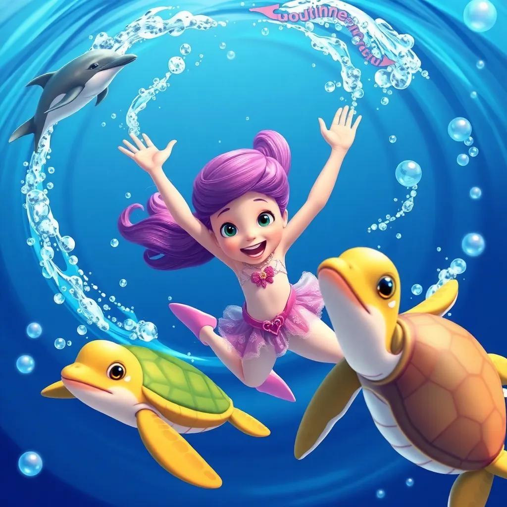 Bella creating underwater currents with her dolphin and turtle friends, swirling with joy, bubbles and splashes all around, feeling free and happy, bright colors, animated style