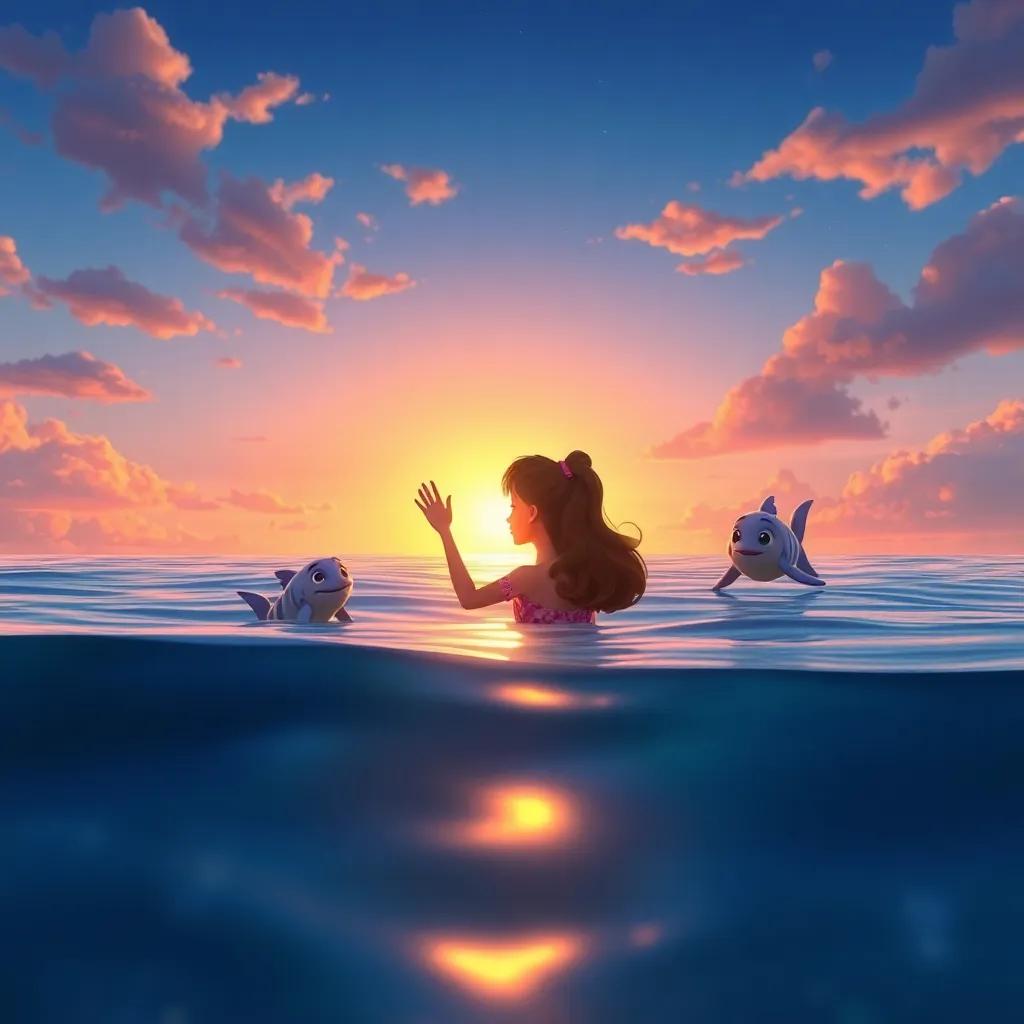 A sunset in Bella's magical ocean, she waves goodbye to her sea friends, warm light reflecting on the water, the sky painted in beautiful hues, enchanting scenery, heartwarming imagery