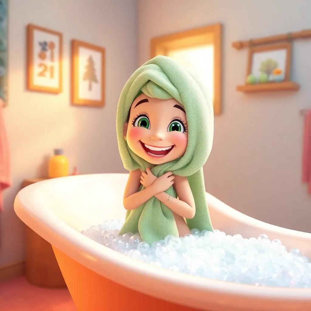 Bella climbing out of the bubble bath, wrapping herself in a towel, her bright smile showing her joy, warm lighting in a cozy bathroom, cheerful environment, vibrant colors