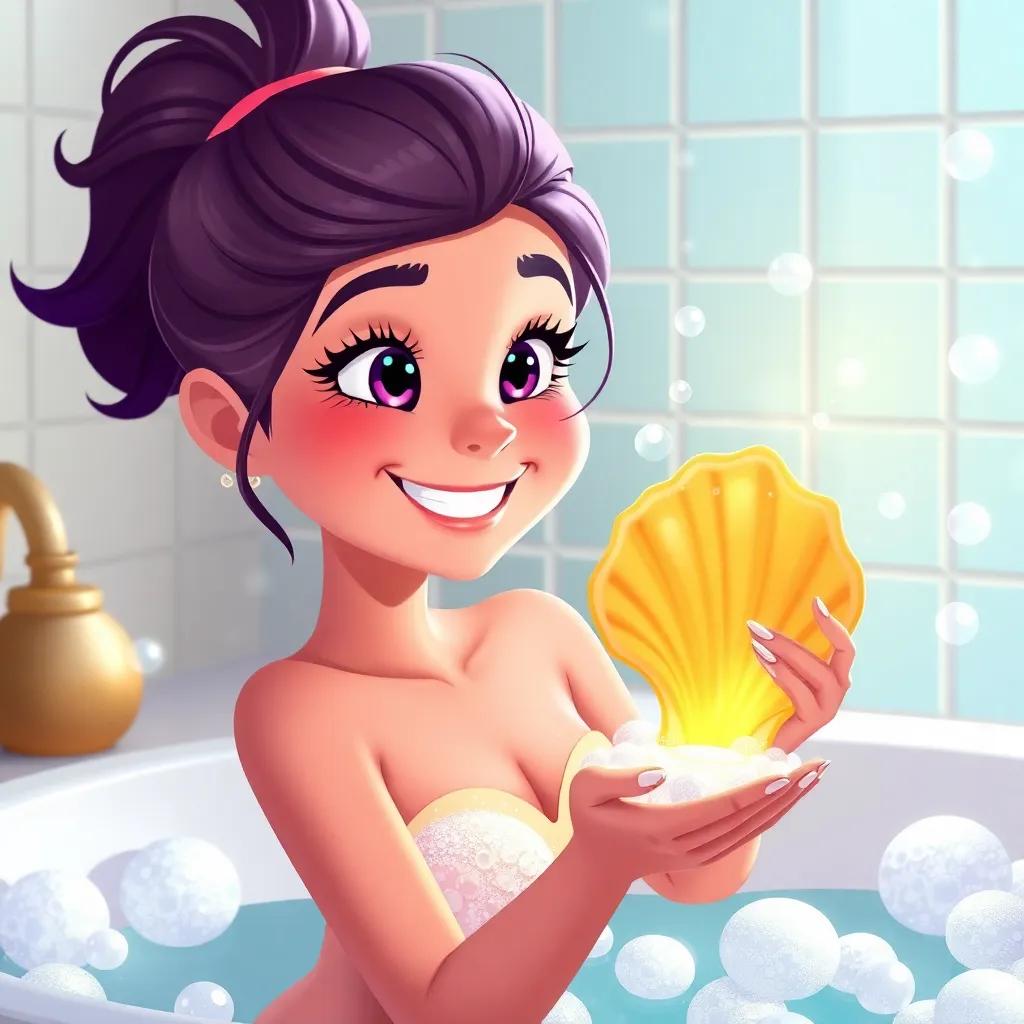 Bella holding a magical seashell, looking inspired and happy, with a sparkle in her eyes and a bright smile, surrounded by bath bubbles in her joyful bathroom, illustration, uplifting mood.